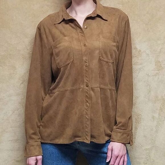 VINTAGE 90s JNY Camel Faux Suede Button Up Top - Picture 7 of 11